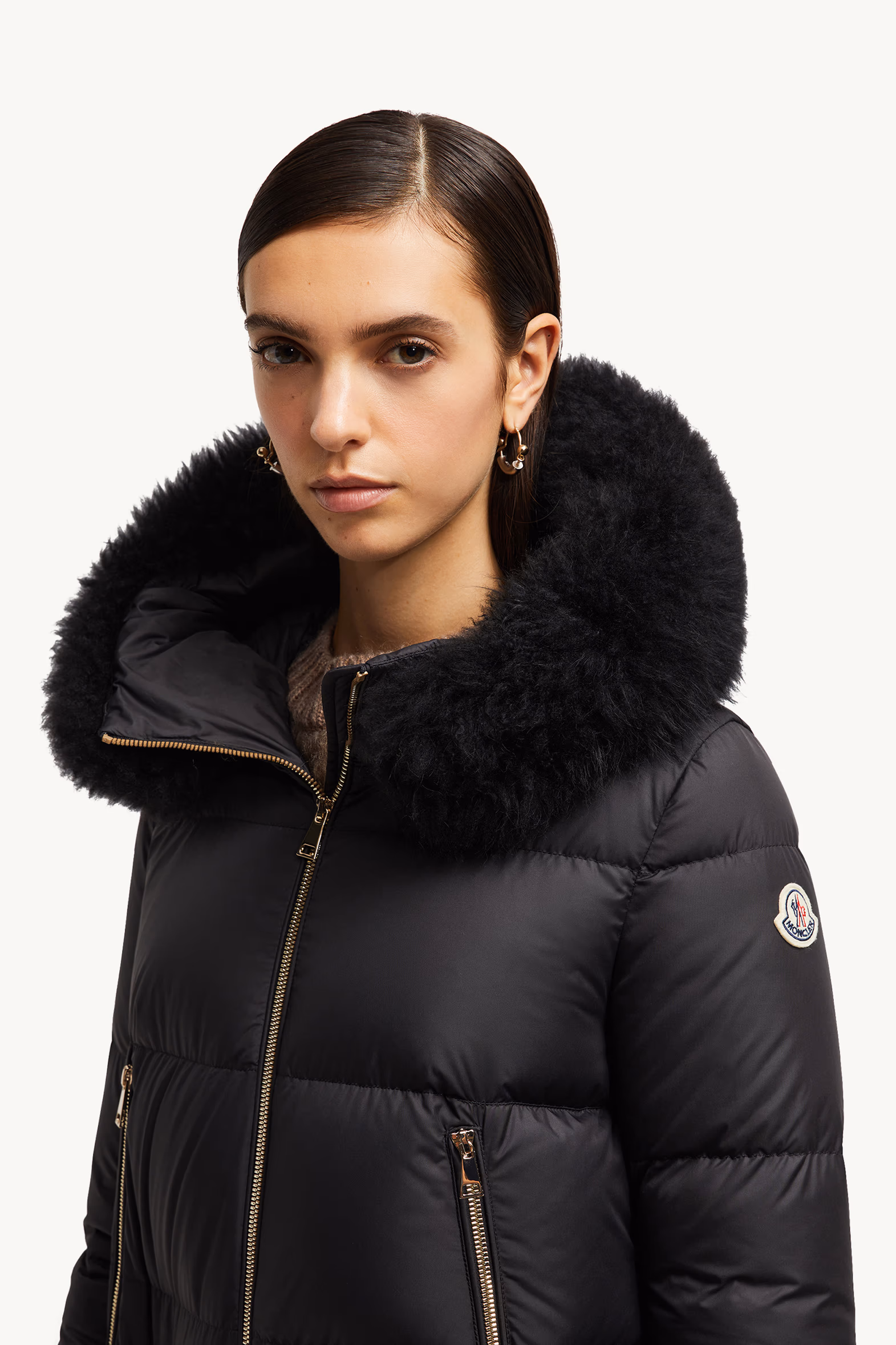 Laichefur Hooded Shearling-Trimmed Short Down Jacket Women Black Moncler 4